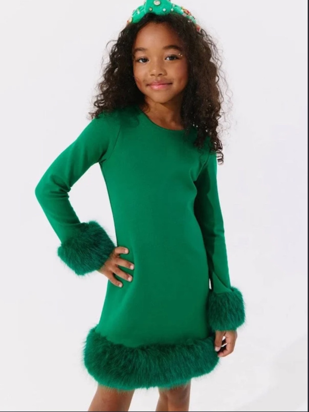 Lola & the boys Emerald Green Faux-Fur Trim Long Sleeve Kids Dress